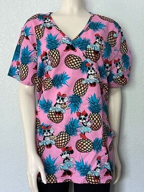 Disney Minnie Mouse Pineapple Scrub Top XL Pink Tropical Nurse Pediatric V Neck